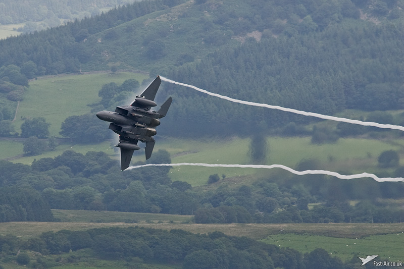 USAF F-15E 91-0329 low level photo with trailing vortices 